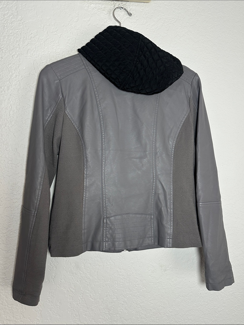 Sebby Collection Grey Faux Leather Moto Jacket Hooded Full Zip Pockets Medium - Picture 6 of 8